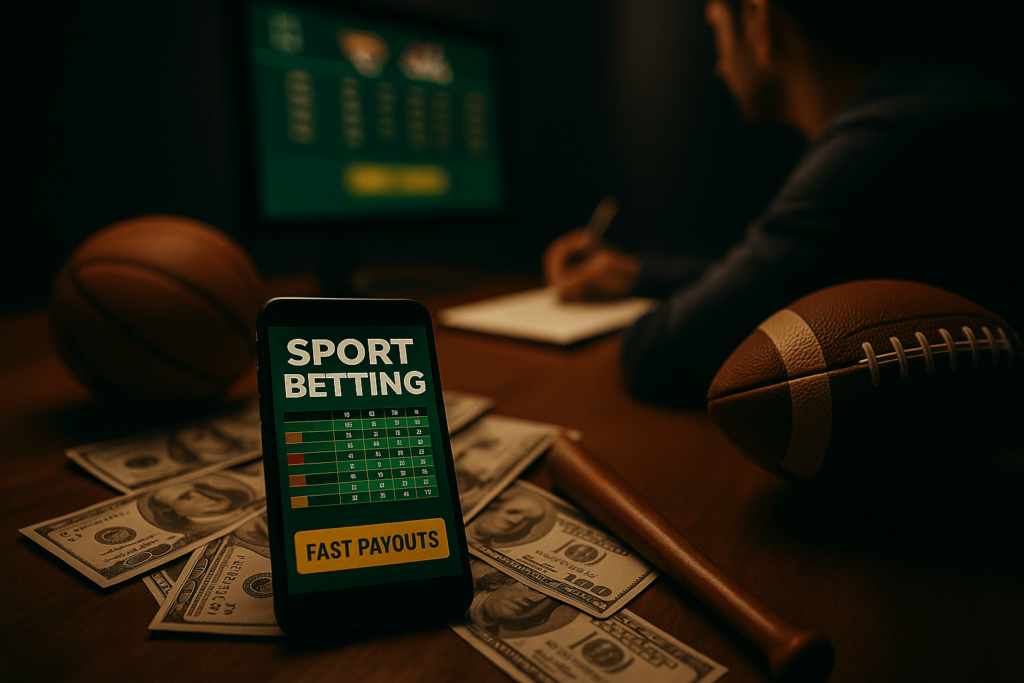 Smartphone displaying a sports betting app on top of scattered U.S. hundred-dollar bills with a blurred soccer ball, football, and a person writing in the background, captured in warm cinematic lighting, used as the feature image for an article about Best Bovada Alternatives and faster payout US betting sites like Bovada (2025 Update)