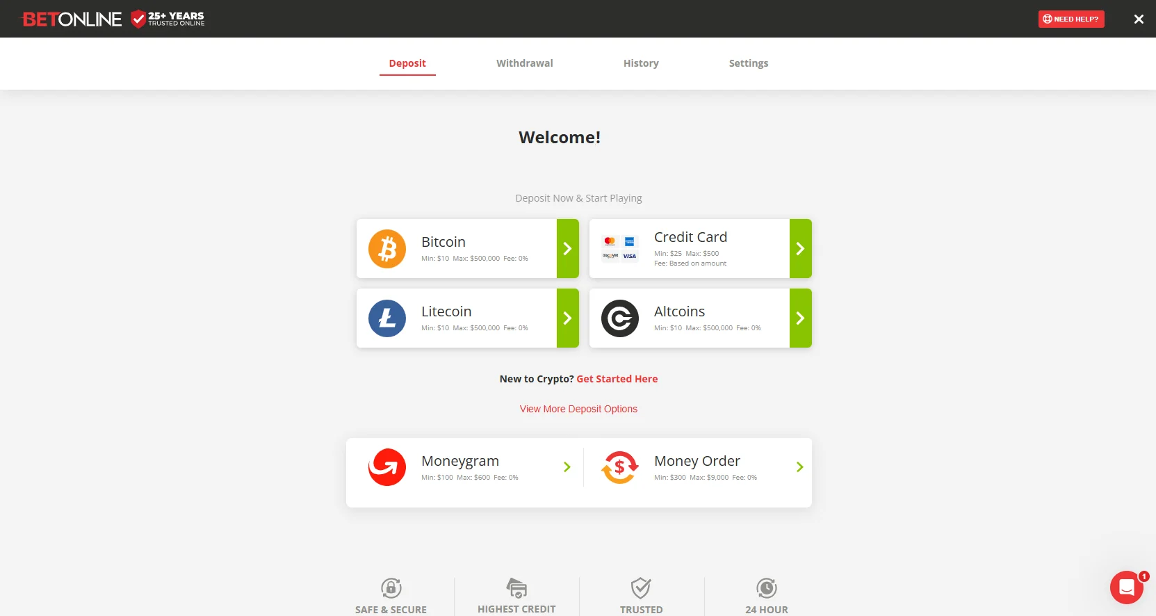 BetOnline cashier page with quick withdrawal interface and multiple payment options