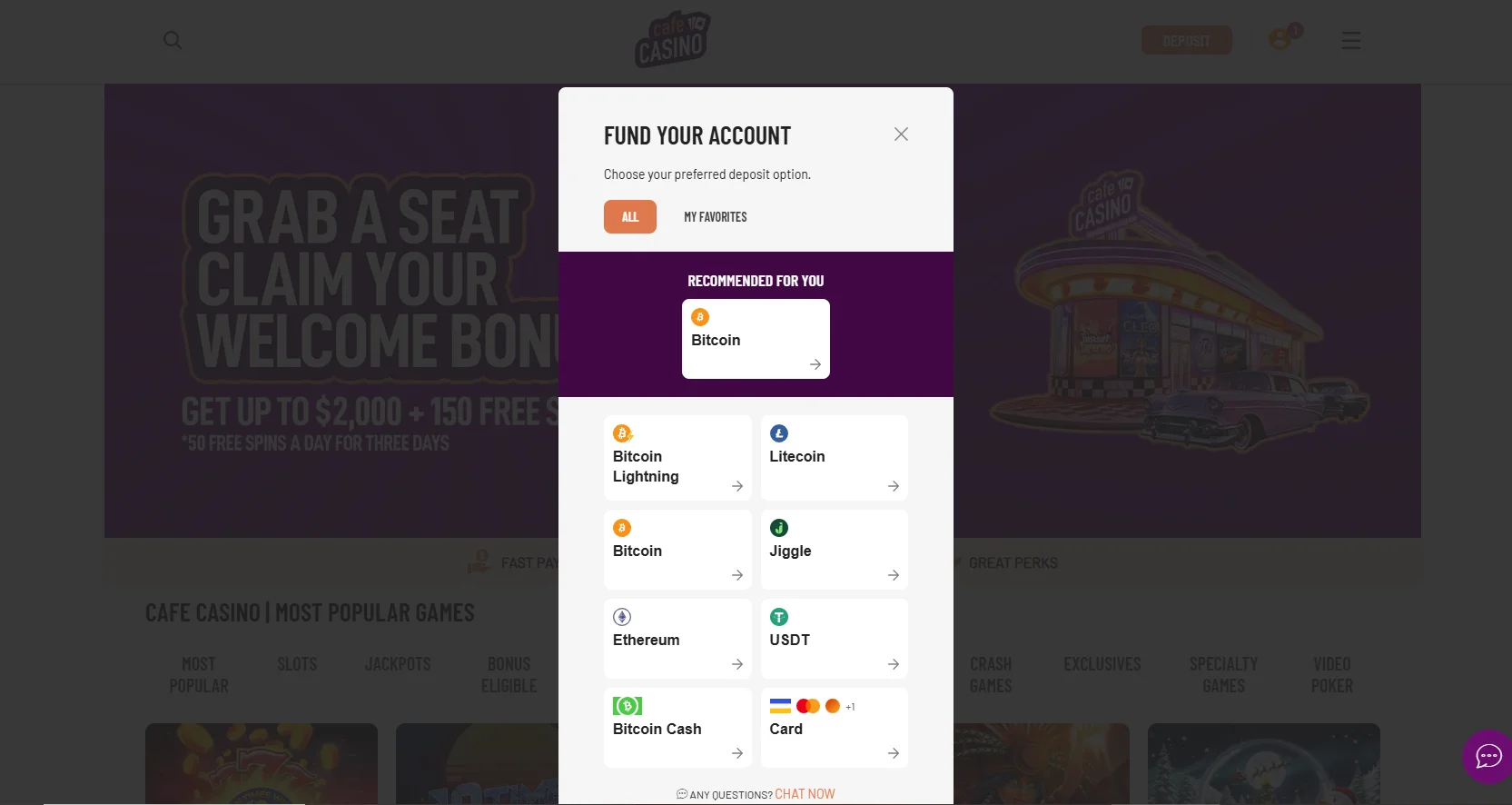 Cafe Casino cashier displaying crypto withdrawal methods for fast payouts