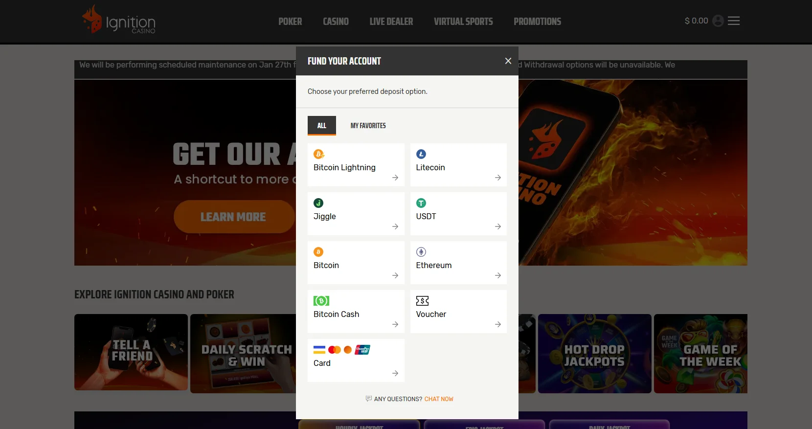 Ignition Casino cashier showing fast withdrawal options including Bitcoin, Ethereum, and credit cards