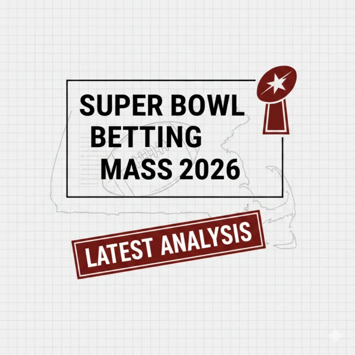 Super Bowl betting guide for Massachusetts - football on field with betting odds overlay