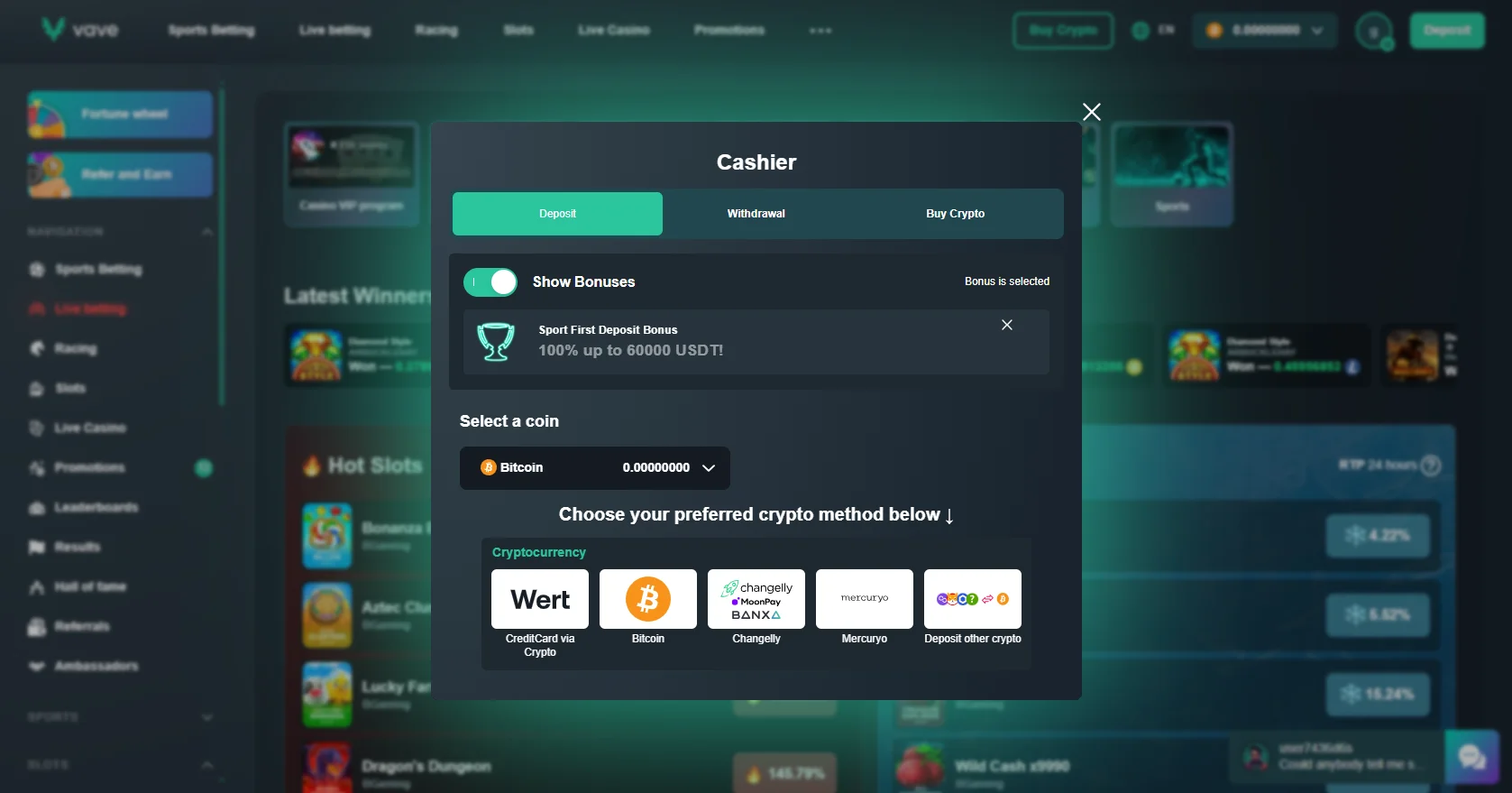 Vave Casino cashier interface displaying instant crypto payout methods