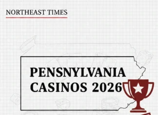 Pennsylvania online casinos - casino chips and playing cards on Pennsylvania state flag background
